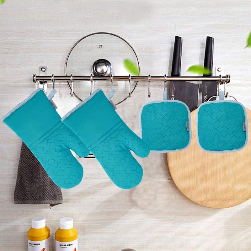 Tormays 4Pcs Oven Mitts and Pot Holders Set, 572F Heat Resistant Oven Glove, Soft Cotton Lining with Non-Slip Surface for Kitchen Baking BBQ (Turquoise) - Image 5